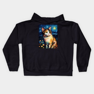 Starry Night Calico Cat Painting: Unique Feline Artwork with Whimsical Starry Sky Background Kids Hoodie